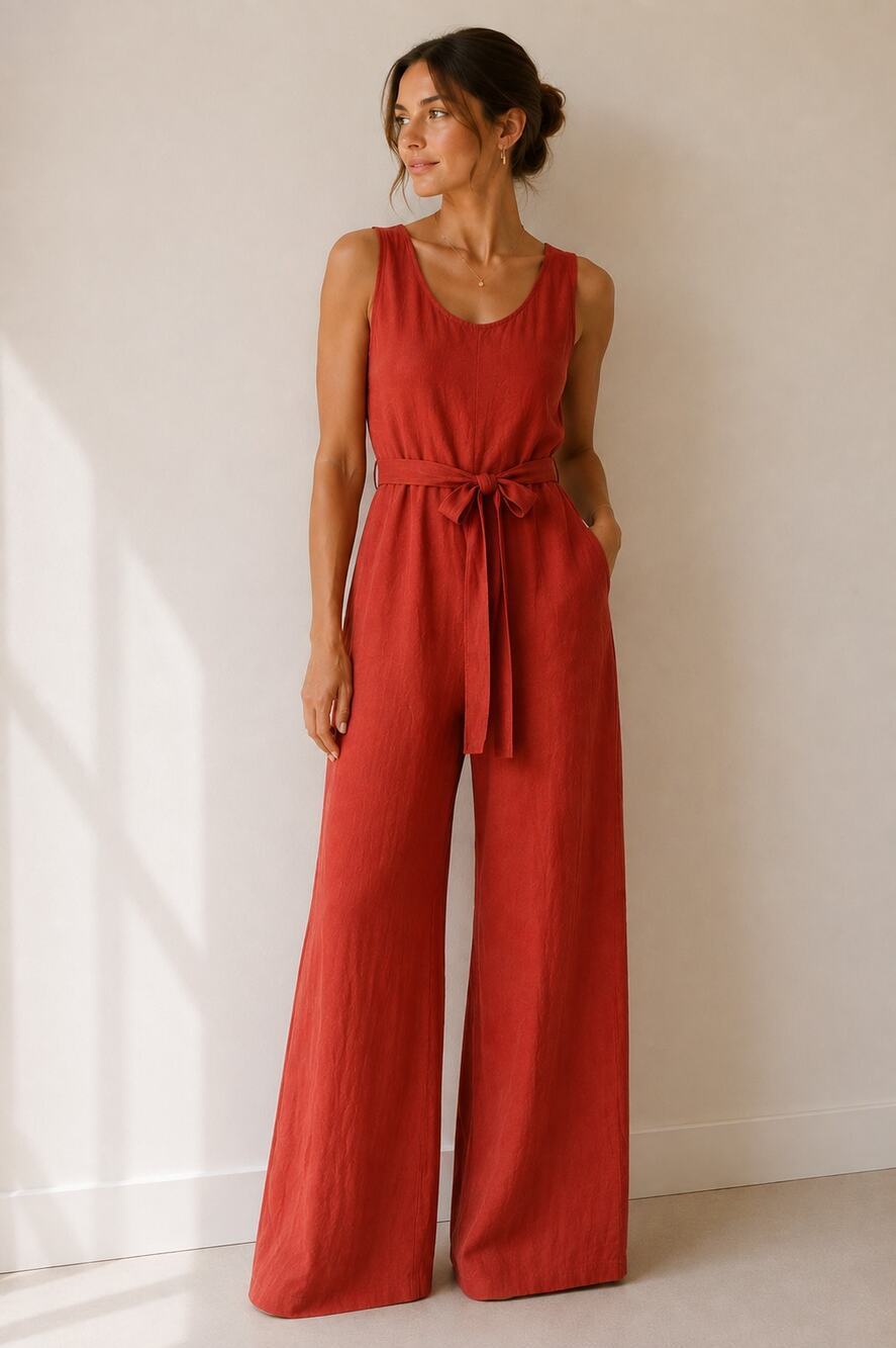 Rachel Zoe Linen Sleeveless Belted Scoop Neck Wide Leg Jumpsuit Rust Orange 2